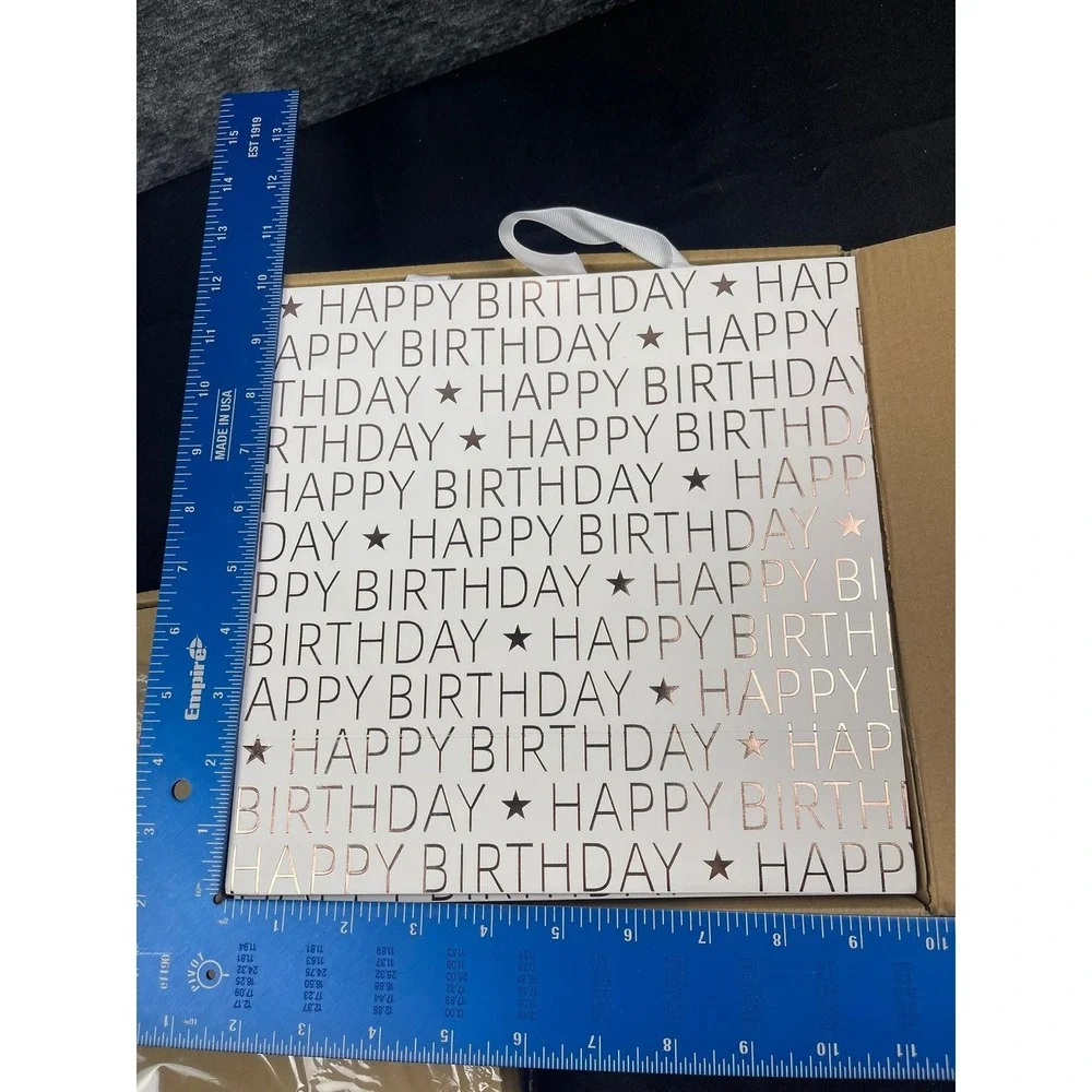 12 Pack Happy Birthday Gift Bags Rose Gold Foil White 10x10x4.5 Ribbon Handle
